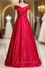 Burgundy Satin Off the Shoulder Pleats Evening Prom Dress