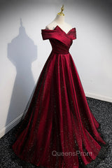Burgundy Satin Off the Shoulder Evening Prom Dress, A-Line Evening Graduation Dress