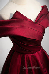Burgundy Satin Off the Shoulder Evening Prom Dress, A-Line Evening Graduation Dress