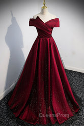 Burgundy Satin Off the Shoulder Evening Prom Dress, A-Line Evening Graduation Dress