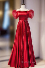 Burgundy Satin Off the Shoulder Puff Sleeve Beading Evening Prom Dress