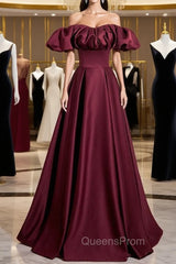 Burgundy Satin Off the Shoulder Puff Sleeve Pleats Evening Prom Dress