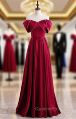 Burgundy Satin Pleats Off the Shoulder Pearls Evening Prom Dress