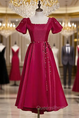 Burgundy Satin Puff Sleeve Backless Evening Prom Dress