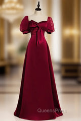 Burgundy Satin Puff Sleeve Beading Bow Evening Prom Dress