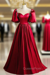 Burgundy Satin Puff Sleeve Beading Evening Prom Dress