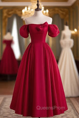 Burgundy Satin Puff Sleeve Bow Evening Prom Dress