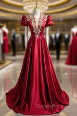 Burgundy Satin Sequins Beading Short Sleeve Evening Prom Dress