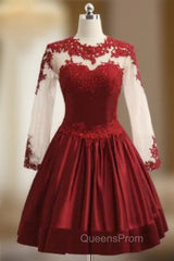 Burgundy Satin Short Lace Elegant Short Cocktail Dress