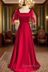Burgundy Satin Short Sleeve Beading Evening Prom Dress