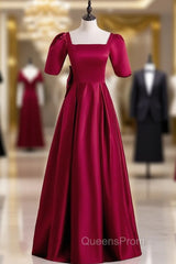 Burgundy Satin Short Sleeve Bow Evening Prom Dress