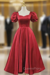 Burgundy Satin Short Sleeve Evening Prom Dress