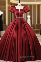 Burgundy Satin Short Sleeve Puff Sleeve Quinceanera Dress