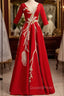 Burgundy Satin Short Sleeve Sequins Appliques Evening Prom Dress