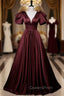 Burgundy Satin Short Sleeve V-neck Evening Prom Dress