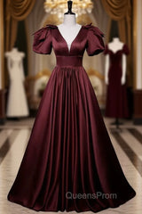 Burgundy Satin Short Sleeve V-neck Evening Prom Dress