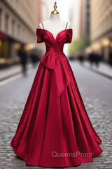 Burgundy Satin Spaghetti Straps Pleats Evening Prom Dress