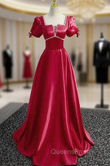 Burgundy Satin Square Puff Sleeve Beading Evening Prom Dress
