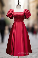 Burgundy Satin Square Puff Sleeve Evening Prom Dress