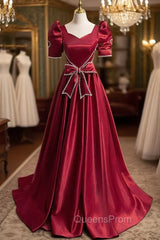 Burgundy Satin Square Short Sleeve Bow Evening Prom Dress