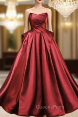 Burgundy Satin Srapless Pleats Evening Prom Dress