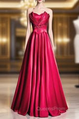 Burgundy Satin Strapless Beading Evening Prom Dress