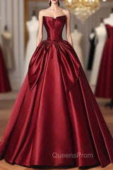 Burgundy Satin Strapless Bow Evening Prom Dress