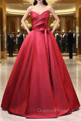 Burgundy Satin Strapless Pleats Evening Prom Dress With Belt