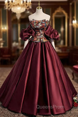 Burgundy Satin Strapless Evening Prom Dress
