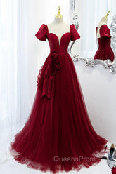 Burgundy Satin Tulle Long Evening Prom Dress, A-Line Short Sleeve Evening Party Dress