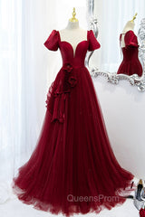 Burgundy Satin Tulle Long Evening Prom Dress, A-Line Short Sleeve Evening Party Dress