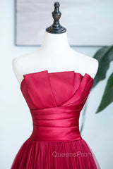 Burgundy Satin Tulle Long Evening Prom Dress, A-Line Strapless Evening Dress