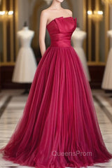 Burgundy Satin Tulle Long Evening Prom Dress, A-Line Strapless Evening Dress