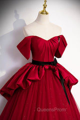 Burgundy Satin Tulle Long Evening Prom Dress, Off Shoulder Evening Dress