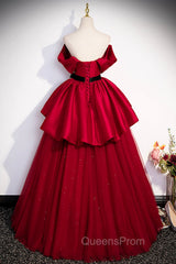 Burgundy Satin Tulle Long Evening Prom Dress, Off Shoulder Evening Dress