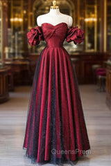 Burgundy Satin Tulle Long Evening Prom Dress, Off Shoulder Evening Party Dress