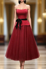 Burgundy Satin Tulle Strapless Evening Prom Dress