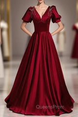 Burgundy Satin V-neck Beading Puff Sleeve Evening Prom Dress