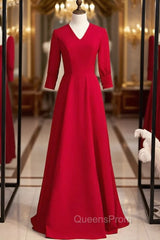 Burgundy Satin V-neck Half Sleeve Long Evening Prom Dress
