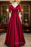 Burgundy Satin V-neck Pearls Evening Prom Dress