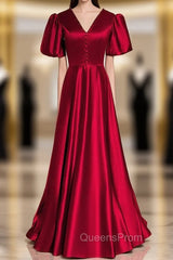 Burgundy Satin V-neck Puff Sleeve Backless Evening Prom Dress