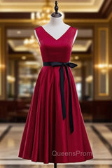 Burgundy Satin V-neck Tea Length Evening Prom Dress With Sash