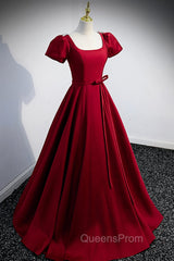 Burgundy Scoop Neckline Satin Long Evening Prom Dress, Short Sleeve Evening Dress