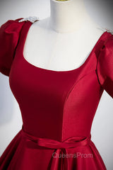 Burgundy Scoop Neckline Satin Long Evening Prom Dress, Short Sleeve Evening Dress