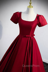 Burgundy Scoop Neckline Satin Long Evening Prom Dress, Short Sleeve Evening Dress