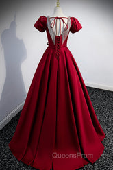 Burgundy Scoop Neckline Satin Long Evening Prom Dress, Short Sleeve Evening Dress