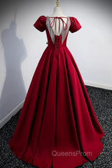 Burgundy Scoop Neckline Satin Long Evening Prom Dress, Short Sleeve Evening Dress