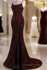 Burgundy Sequin Mermaid Backless Evening Prom Dress Long Evening Dress