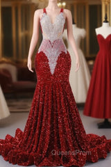 Burgundy Sequins Mermaid Lace Evening Prom Dress