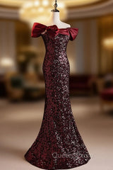 Burgundy Sequins Mermaid Off the Shoulder Evening Prom Dress